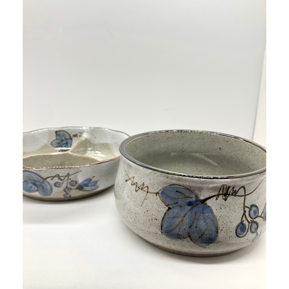 Artisan Stoneware Pottery Set Blue Leaf Speckled Gray Divided Dish & Deep Bowl